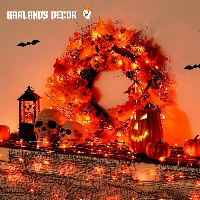 JMEXSUSS 2 Pack Orange Fairy Lights, Total 200 LED 66ft Battery Operated Halloween Lights with Remote, 8 Modes Twinkle String Light for Halloween Thangksgiving Fall Tree Indoor Outdoor Decoration