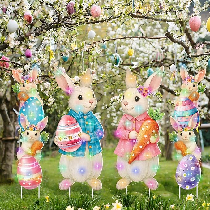 Bencailor 4 Pcs Easter Outdoor Decorations Bunny Yard Stake Signs with LED Light Large Rabbit Party Supplies Lawn Decorations for Spring Easter Outdoor Lawn Garden Patio Walkway Wedding Stand Decor