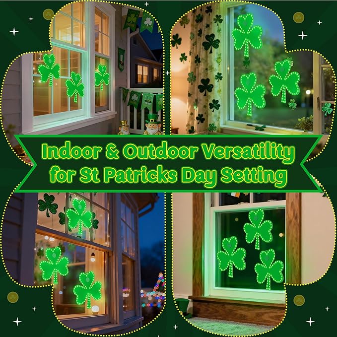 3 Pack 10" St Patricks Day Classics Twinkling LED Shamrock, Hi-Vibrant Aluminum Frame Green Irish Clover Window Silhouette LED Lights, Holiday Waterproof Indoor Outdoor Decoration