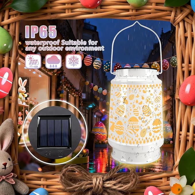 Easter Egg Decorations Outdoor Waterproof Solar Lantern Lights Tree Ornaments with Bunny Decor for Home, Garden, Patio, Yard, Lawn Porch Hanging Solar Light Easter Gifts for Kids Teens Women Adults