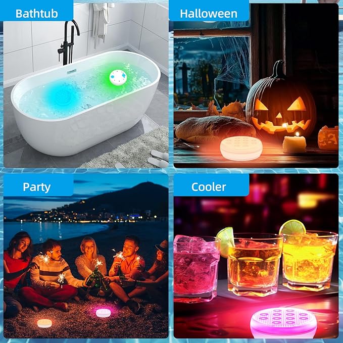 Pool Lights, Submersible LED Lights with Remote, IP68 Waterproof 16 Color Rechargeable Floating Lights, Built-in Magnet Underwater Lighting for Inground Above Ground Pool Fountain (4 Pack)
