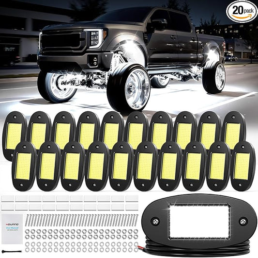 20 Pods COB White Rock Lights, 120 COB Chips 6500K Pure White Super Bright Neon Underglow, IP68 Waterproof Shockproof Off-Road Light Kit for Pickup Trucks, SUV, UTV, ATV, RZR, Cars & Boats
