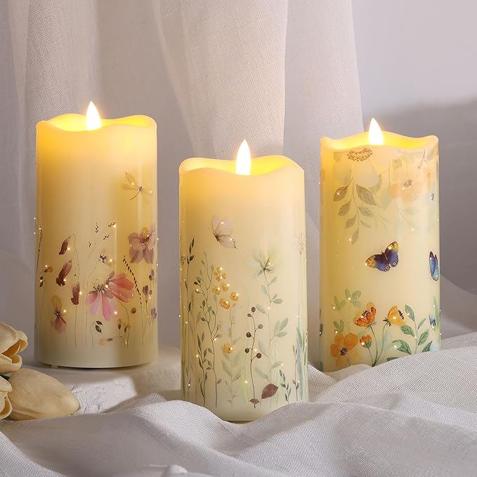 Eywamage Fiber Optic Flameless Pillar Candles with Remote Set of 3, Butterfly Floral Spring LED Candles Battery Operated Φ 3" H 6"