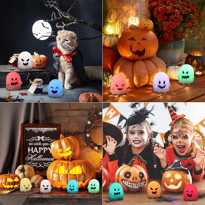 DRomance Halloween Ghost Lights Flameless Candles Battery Operated with Remote and Timer 6 Pack Color Changing LED Small Votive Candles Spooky Halloween Indoor Deocration(2 x 2.4 Inches)
