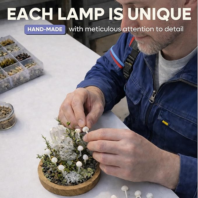 Mushroom Night Light Lamp - Handmade Glass Dome Fairy Light with Solid Wood Base, USB or Wireless, Cozy Aesthetic Bedside Table Decor, Unique Gift | Mystical Red