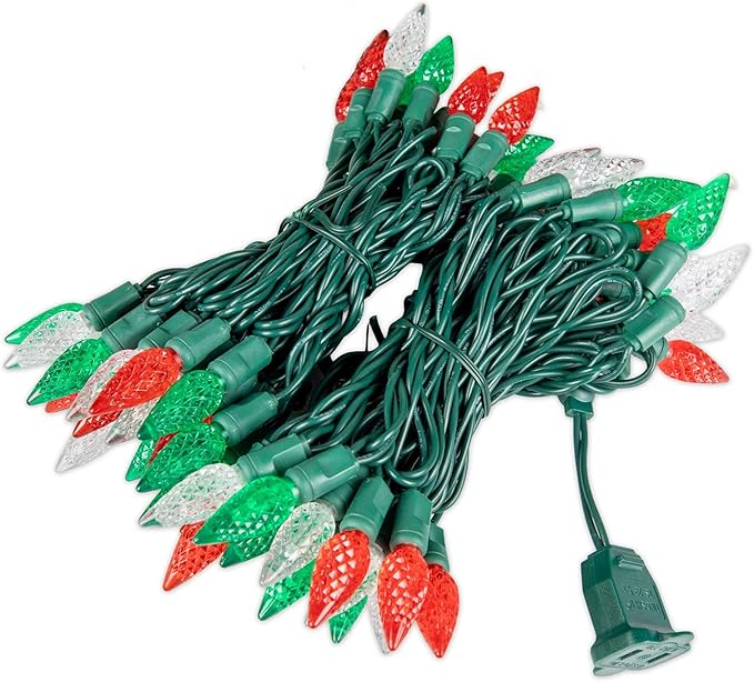 70 Light 24Ft Commercial Christmas String Lights C6 LED Strawberry Faceted Bulb – Red/Green/Pure White, Green Wire, Indoor/Outdoor, Full Wave No Flicker, Connect 43 Sets