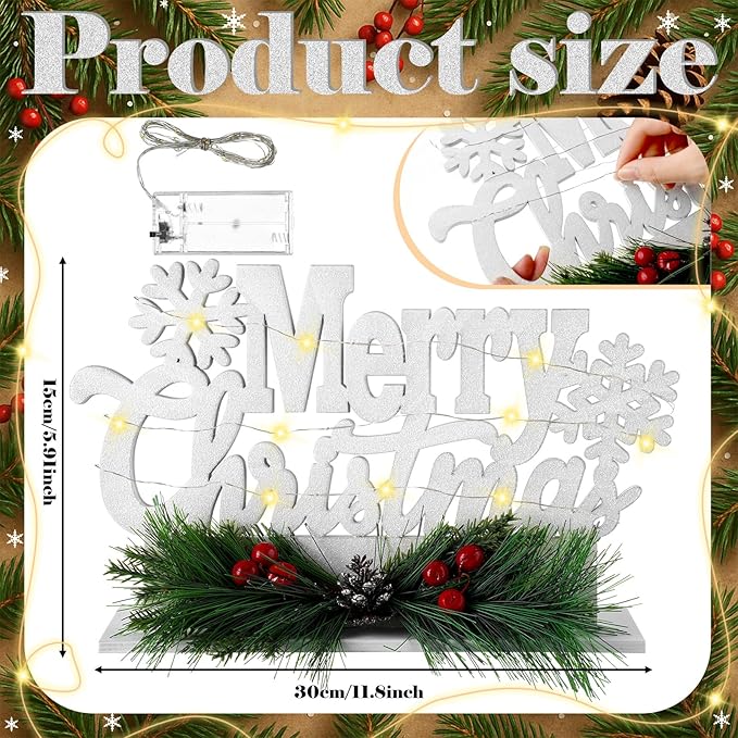 Leinuosen Merry Christmas Sign Wooden Christmas Table Sign with Holly and LED Light White Xmas Wooden Table Centerpiece for Mantel Fireplace Shelf Xmas Party Home Tabletop Decoration
