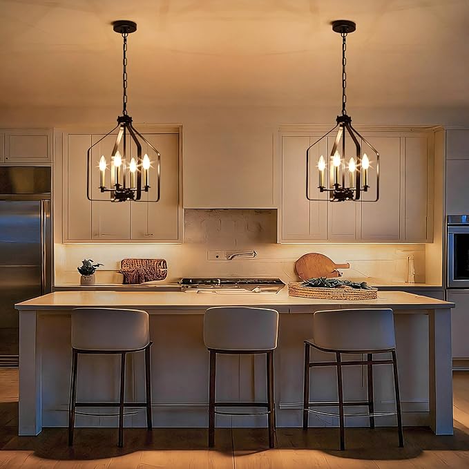 4-Light Black and Glod Chandelier, Geometric Farmhouse Cage Pendant Light, Adjustable Industrial Rustic Fixture for Dining Room, Kitchen Island, Entryway & Bedroom