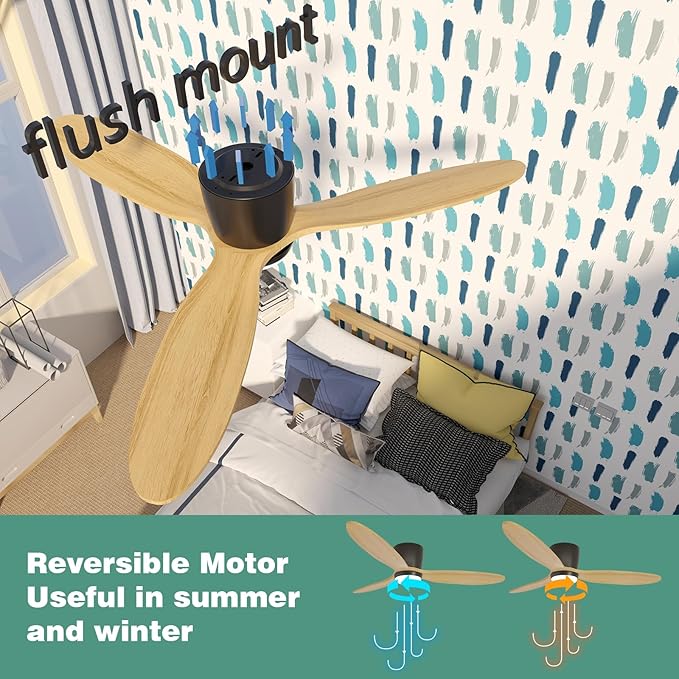 Flush Mount Ceiling Fan with Light, 52 inch Low Profile Ceiling Fans with Remote for Outdoor/Patios, 3 Color Light, 6 Speed, DC Motor, Wood and Modern Matte Black, DOE Certified