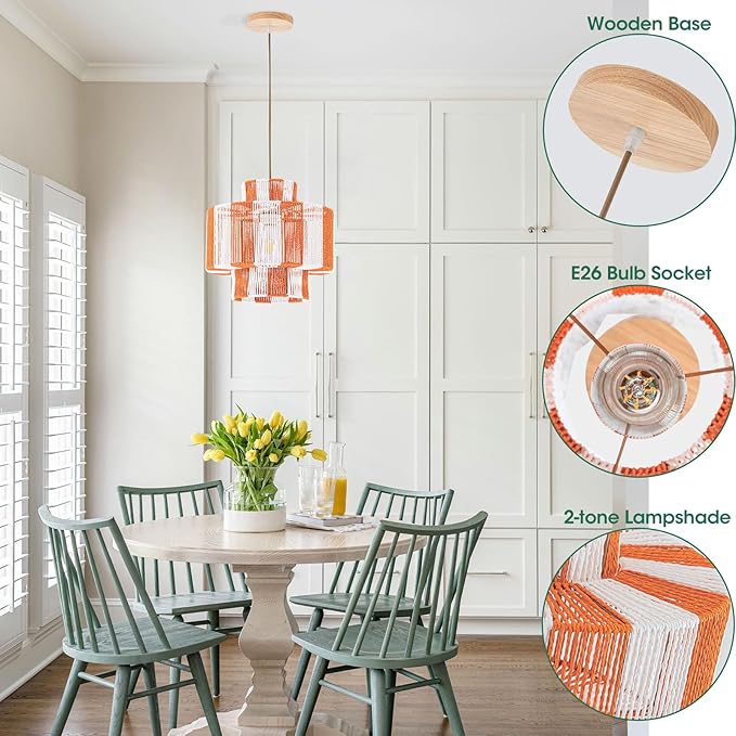Rattan Pendant Light Fixture,Boho Light Chandelier for Dinning Room,13.3'‘ Woven Hanging Light Boho Pendant Lights 3-Tier Basket Light for Kitchen Island Hallway Nursery Bedroom
