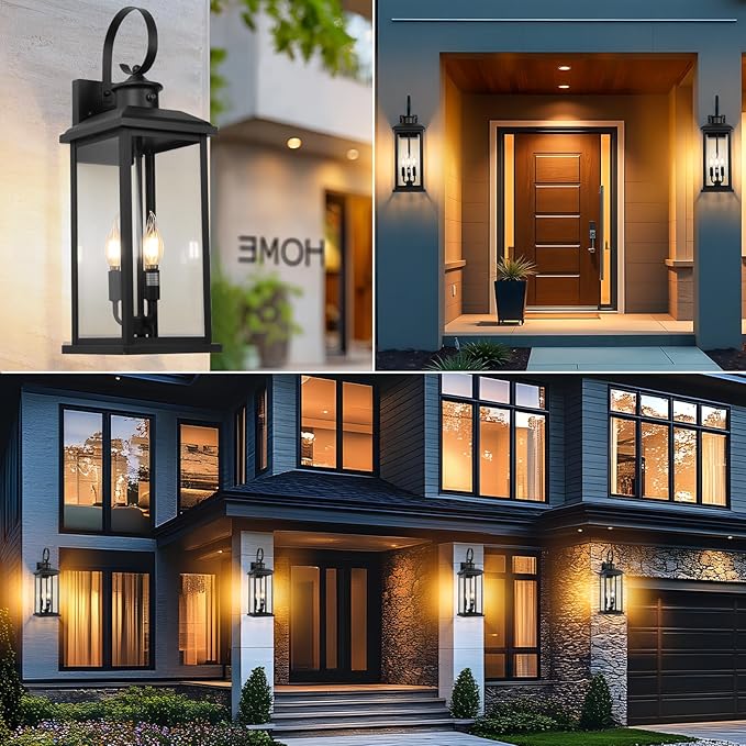 24" Dusk to Dawn Outdoor Wall Light Fixture 2 Pack-Black Extra Large Modern Porch Lantern 3-Light, Waterproof Exterior Lighting Sconce Wall Mount, Outside Lamp for Entryway Garage Coach E12 Base