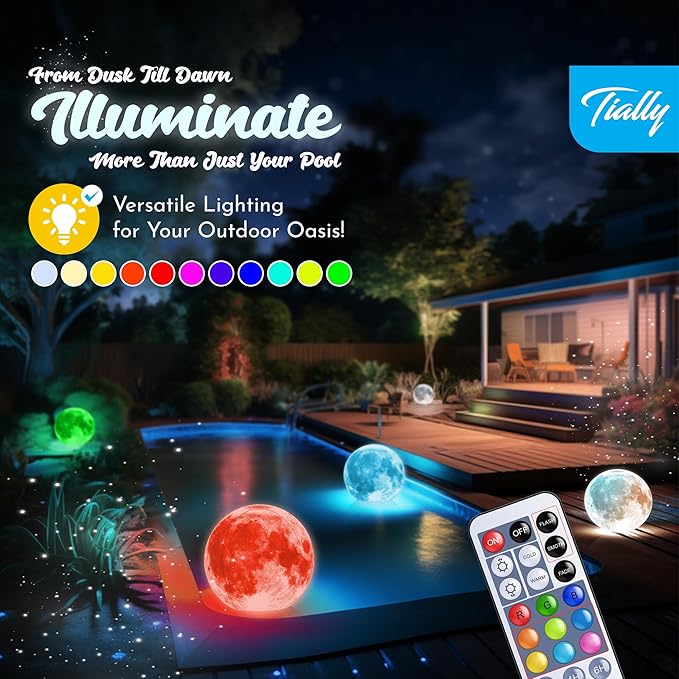 TIALLY Floating Pool Lights Solar Powered - 16" Full Moon Inflatable Light Up Pool Balls, Solar Globes That Float for Outdoor Decor, Glow in The Dark Party Decorations - Great Holiday Gifts (2 Pack)