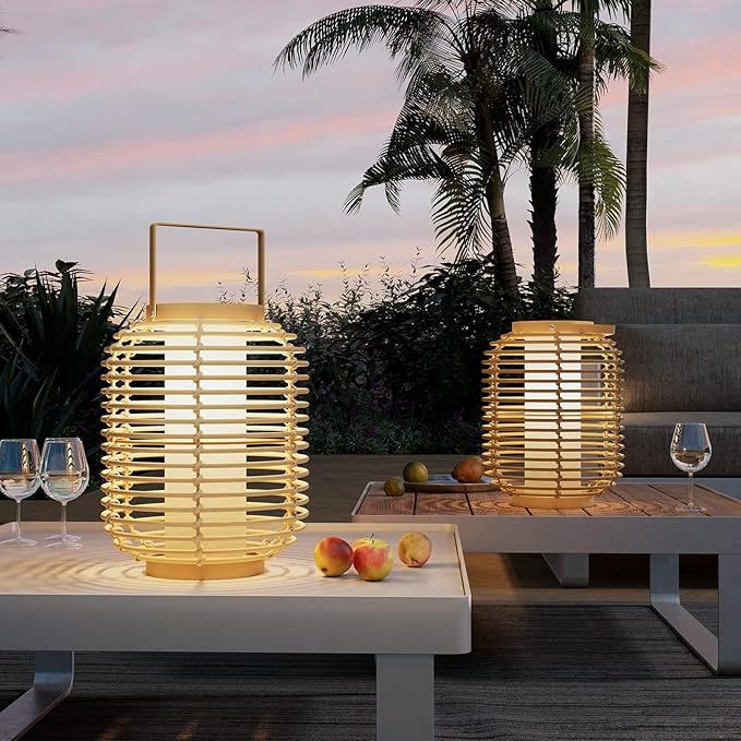 Solar Yard Outdoor Austin Solar Powered Floor Lamp Set of 4, 14-inch Wicker Woven LED Lamp, Water-Resistant Garden Light, Boho Style, Decor for Balcony, Porch, Yard, Pathway, Natural Color