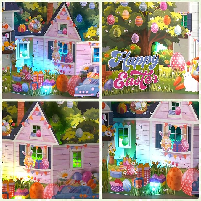 Pop Up Easter Cards, 3D Jumbo Easter House Greeting Card with Lights & Music, Giant Happy Easter Bunny Eggs Scene Card Keepsake Gift for Kids Family Friends Spring Holiday Celebration
