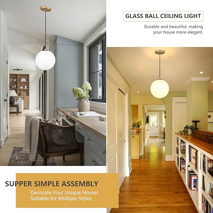 KoKo&Yukina 10" Globe Pendant Light Gold Mid Century Pendant Light Glass Globe Mid Century Modern Light Fixture Brushed Brass Finished with Milk Glass Lampshade for Dining Room Bedroom