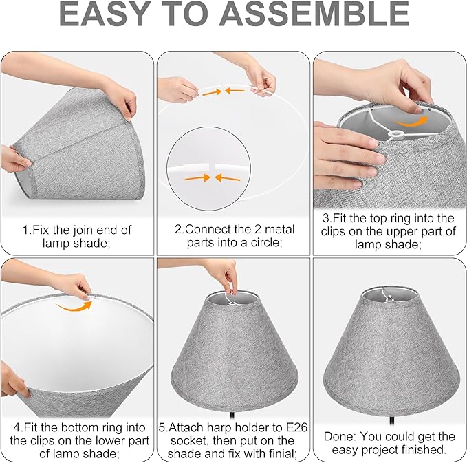 Empire Lamp Shades Set of 2, Gray Large Lamp Shades for Table Lamps Floor Lamps, 6" Top x 16" Bottom x 10.8" High, Natural Linen Lampshades Replacement, Include Spider, Harp Holders, Easy Assembly