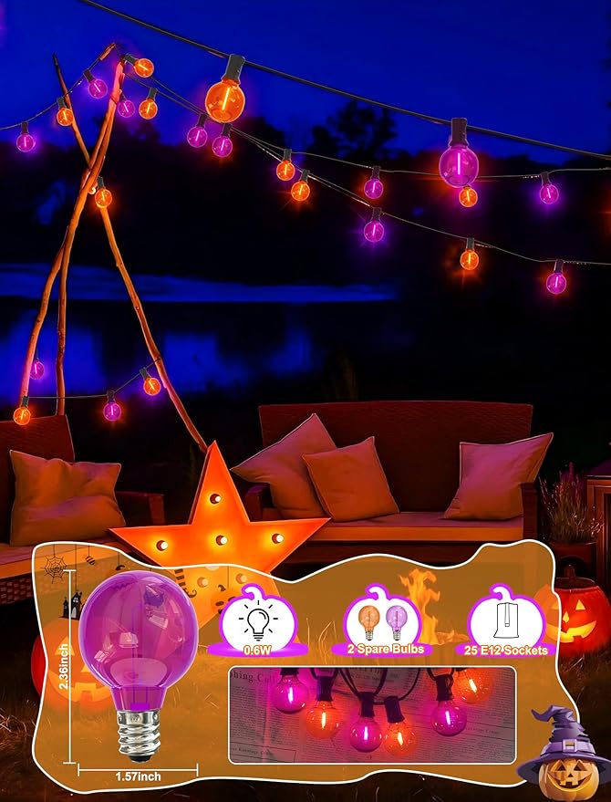 Purple and Orange Halloween Lights,25FT 27 LED G40 Globe String Lights,Waterproof Halloween Decorations for Outdoor Indoor Haunted Patio Home Party Garden Yard Decor