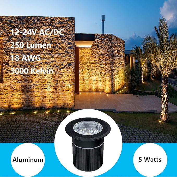 5W Aluminum In Ground Lights with Protecting Shell, Warm White Φ65mm Low Voltage 12-24V AC/DC 18AWG Wired IP67 Waterproof, Electric Recessed LED Outdoor Landscape Well Lighting, 6 Pack Black