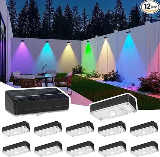 Solar Fence Lights,Fence Lights Solar Powered Waterproof IP65 Multicolor Led 12 Fixed Colors ＆RGB Color Changing for Pool, Deck, Patio, Porch, Stairs, Holiday-12pack