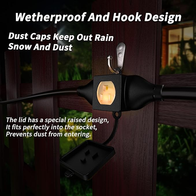 25 FT Outdoor Extension Cord with Multiple Outlets, 14/3 Gauge Heavy Duty Extension Cord Evenly Spaced 3 Outlets Plugs Black with Lighted Waterproof, 15AMP 1875W 125V 14AWG SJTW, ETL Listed.