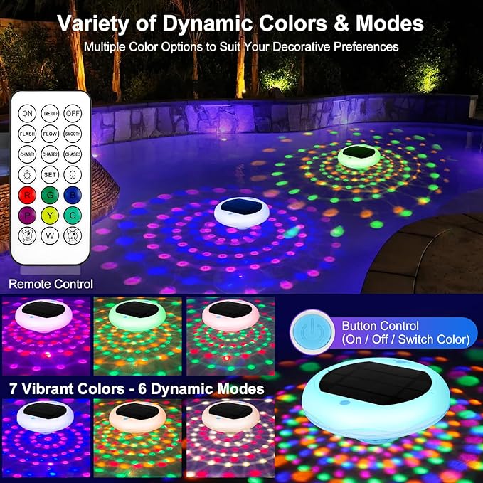 2-in-1 Solar and Rechargeable Floating Pool Lights: 4 Pack 6.7" Pool Lights That Float 6 Dynamic Modes with Remote IP68 Waterproof Hang RGB Upper and Lower Bathtub Light for Garden Pond