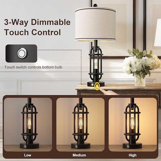 24'' Table Lamps for Living Room Bedroom Industrial Touch Lamp with USB A+C Ports, Night Light Farmhouse Vintage Nightstand Bedside Lamps for Night Stands Metal Black, Bulbs Included