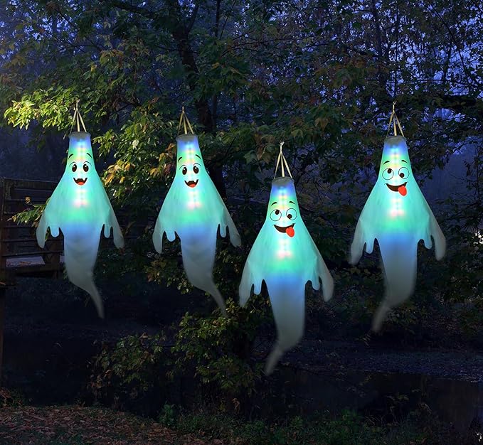 Halloween Decorations Outdoor: 2 Pcs Cute Hanging Ghosts for Tree, Porch, Garden, Yard - Waterproof Colorful LED Ghost Decor with Timer