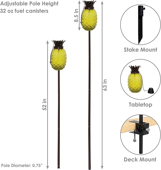Sunnydaze Tropical Pineapple Glass Patio Torches Set of 2 - 23 to 63-Inch Outdoor Lawn Torch, Garden, Deck & Backyard - Yellow