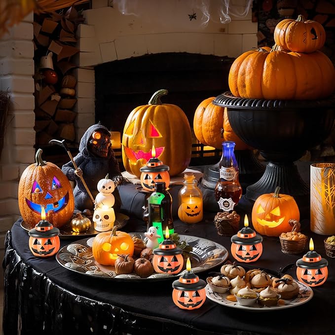 Homemory Real Wax Pumpkin Candles, 4 Pcs Flickering Flameless Candles with 6hrs Timer, LED Halloween Pumpkin Lamp, Battery Operated Lights for Home Halloween Decor, Theme Party, Orange