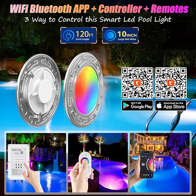 120Ft 6Inch Led Smart WiFi Spa/Pool Lights for Inground Pool with 3 Control Way (APP/Remote/Controller), 20W Led Multicolor Changing Underwater Swimming Pool Light for Wet Niches