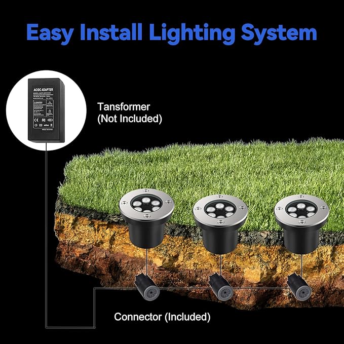 JESLED Low Voltage Landscape Lights, 6W LED Well Lights IP67 Waterproof, 3000K Warm White In-Ground Lights with Wire Connectors for Pathway, Deck, Patio, Yard, Garden (12 Pack)