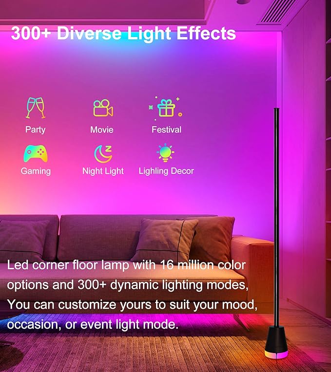 Corner Floor Lamp, Smart RGB LED Corner Lamp with App and Remote Control, 16 Million Colors & 68+ Scene, Music Sync, Timer Setting,Ideal Standing Lamp for Living Rooms,Bedrooms,Gaming Rooms