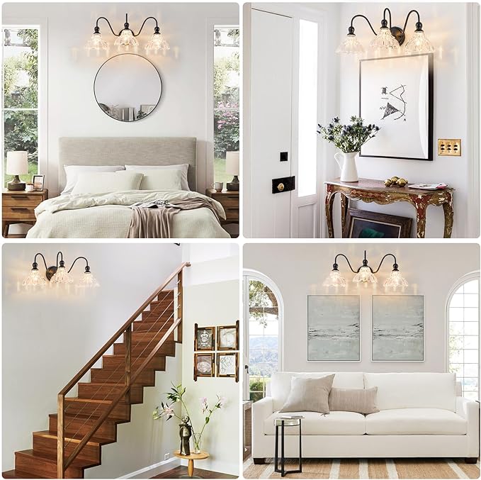 Vintage Bathroom Light Fixtures Over Mirror, 3-Light Black Wall Sconce Lighting with Flower Glass Shade, Farmhouse Vanity Lights for Bedroom Kitchen Living Room Hallway Light
