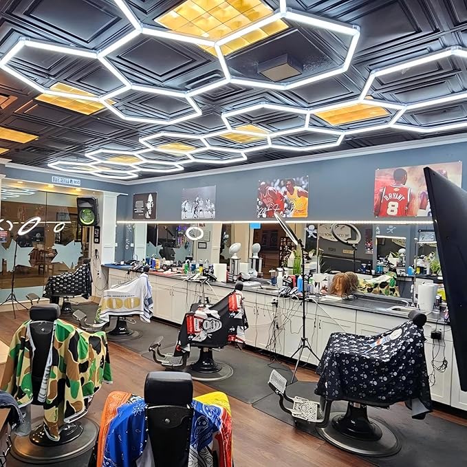 Hexagon LED Garage Lights 26400LM Super Bright Car Detailing Ceiling LED Shop Light for Warehouse Workshop Gym Basement Car Care Wash Room