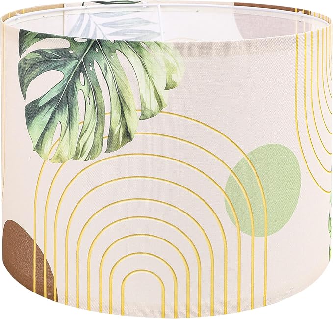13-inch Fabric Linen Lamp Shade, Boho Lampshade with Tropical Plant & Gold Line Pattern, Lamp Shades for Floor Lamps fit with Spider/Uno, Drum Lampshades for Table Lamp/Pendant (Easy Assemble)