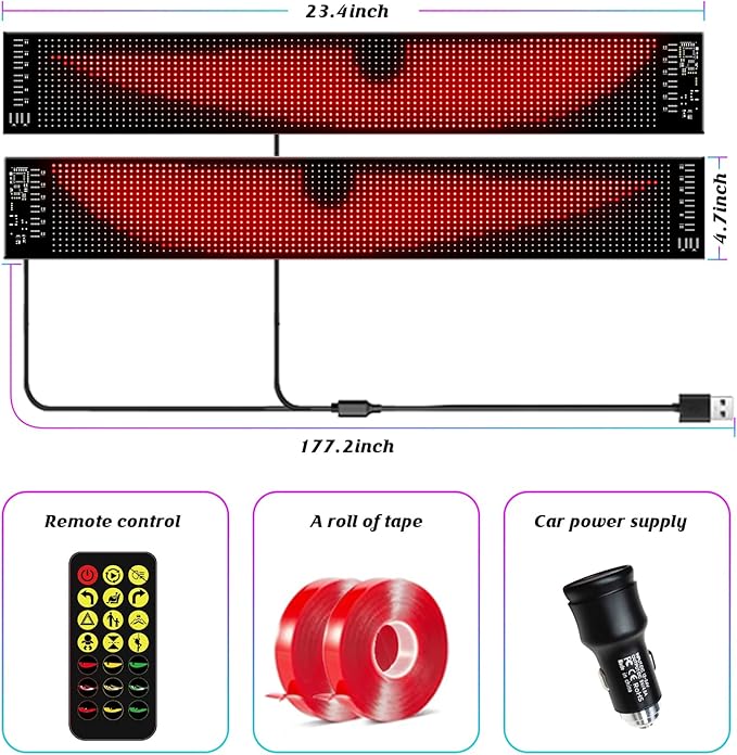 Devil's Eye 2-Pack:23.42"x4.72" Programmable ojos led para carro Windshield Display for Sedans, SUVs & Medium Trucks - USB-Powered LED Matrix Panel, Remote/App Control, Custom Car