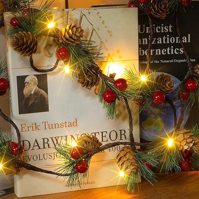 Dazzle Bright Pine Cone Christmas String Lights, Total 6.5FT 20LED Battery Operated Christmas Garland with Red Berry Pine Cone Fairy String Lights for Indoor Outdoor Xmas Decorations