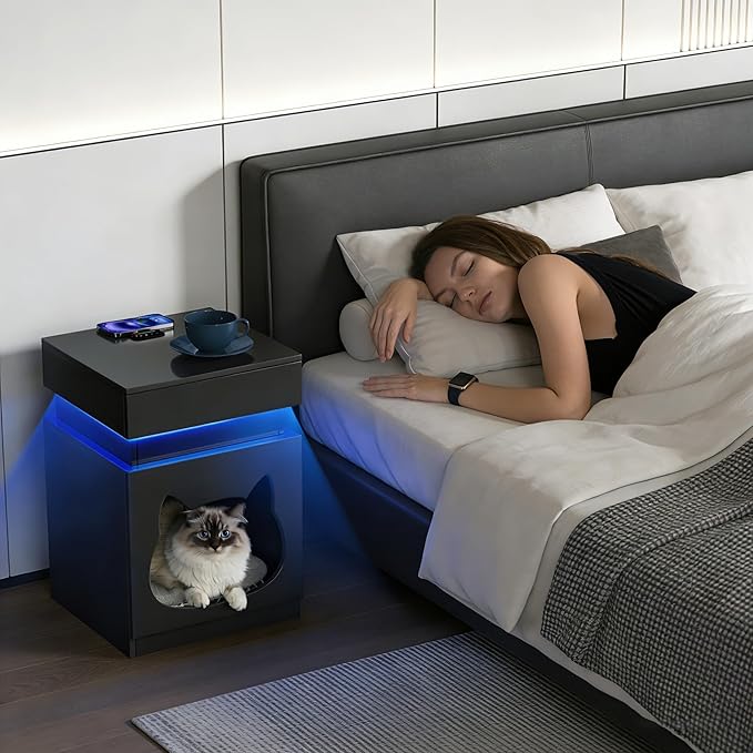 Night Stand with Charging Station, Wooden Bedside Table with LED Lights, Dark Grey Nightstand with Sliding Drawer, Modern End Table with Storage Space for Bedroom, Office, Courtyard
