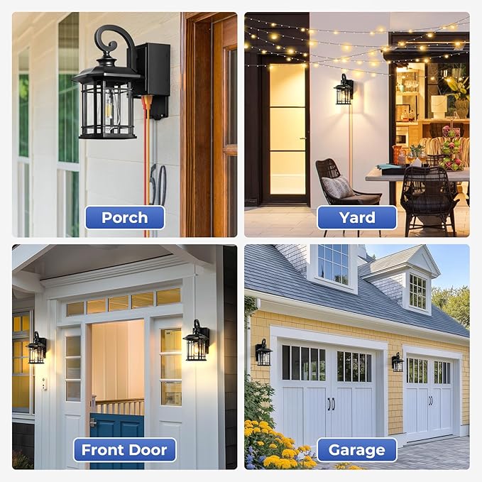 Black Dusk to Dawn Porch Light with GFCI Outlet, Anti-Rust Exterior Lights for House, Waterproof Outdoor Light Fixture with Outlet, Front Porch Light for Doorway, Yard, Patio, 100% Aluminum