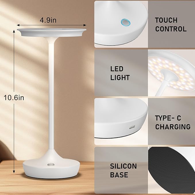 LED Cordless Table Lamps Rechargeable - Outdoor 6000mAh Battery Operated Portable Tables Light 3 Color Stepless Dimming Lamp with Memory Function for Patio Restaurant Dining White