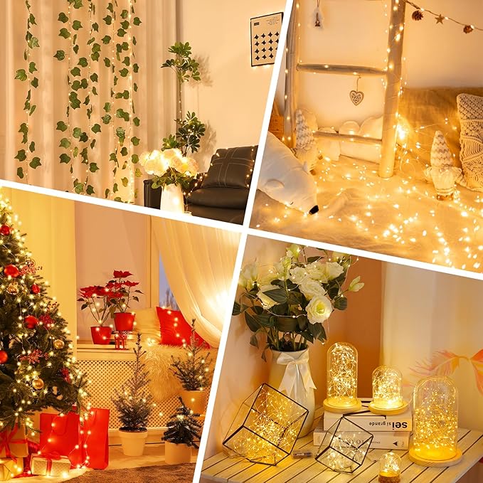 Lakumu 66FT(33*2) Fairy Twinkle Lights Battery Operated, 100 LEDs Rechargeable Battery Powered String Lights with 8 Modes & Timer for Bedroom, Christmas Decorations, Party, Wedding, Table(Warm White)