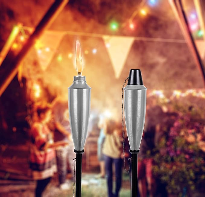 BIRDROCK HOME 60" Outdoor Torches - Durable Construction, Modern Design, Weather Resistant, Citronella Oil Compatible, Ideal for Backyards, Patios, Pathways - Garden Silver, 4 Pack