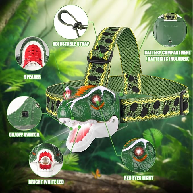 TIGTECGAME LED Kids Headlamp Battery Powered Flashlight T Rex Dinosaur Toy Stocking Stuffers Outdoor Headlight Gift for Boys Girls Toddlers 3 4 5 6 7 8+ Years Old Easter Halloween Christamas