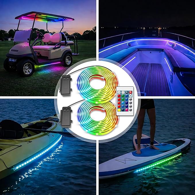 Battery Powered Boat Lights, 2 Pcs 6FT IP68 Submersible RGB Marine LED Strip Lights with Remote, Interior Courtesy Deck Lighting for Kayak SUP Canoe Pontoon, Jon Boat, Bass Boat, Fishing Safety
