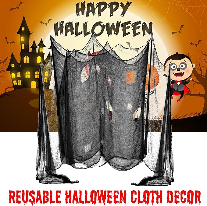 [2 Packs] Halloween Creepy Cloth, Spooky Giant (48 x 240 in.) Cheese Cloth Tapestry for Halloween Party Supplies Decorations Outdoor Yard Home Wall Decor, Black