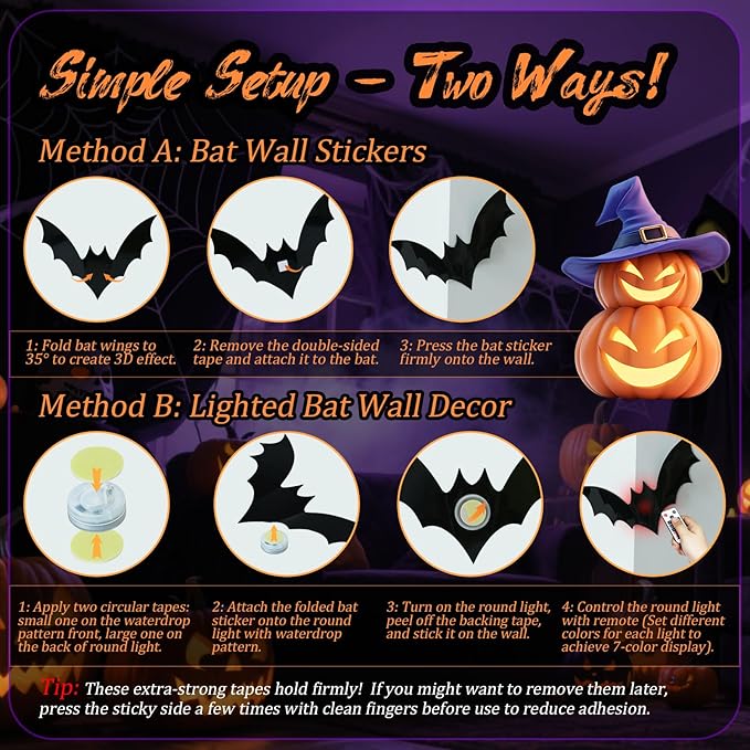 PChero 12 Lights & 48 Bats Halloween Decoration Kit with Remote Timer, Color Changing Light up Bats Wall Decor, 10 Different Size 3D Bat Stickers for Window Wall Living Room Bedroom Party Spooky Decor