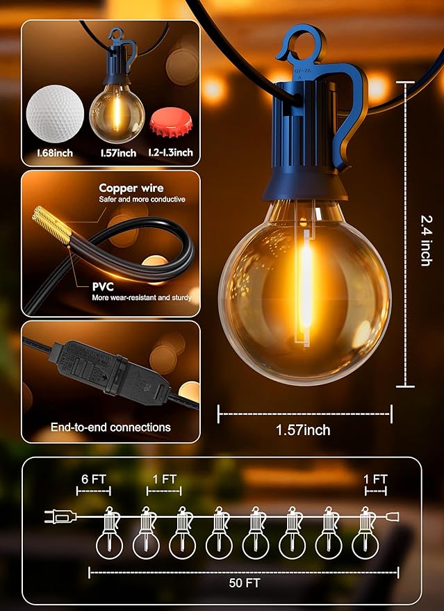 Outdoor String Lights – 50ft Connectable Patio Lights with 52 G40 LED Plastic Bulbs (2 Spare) Outside Vintage Hanging Light for Backyard Bistro Balcony Porch Party Wedding, E12, 2200K, Black