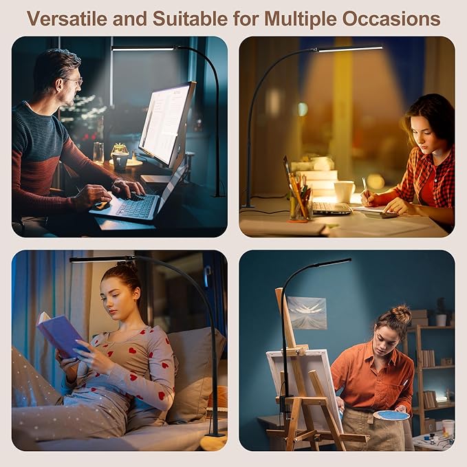 Led Desk Lamp for Home Office, Eye-Caring Desk Light with Clamp, Clip on Light for Reading, 3 Modes 10 Brightness, Flexible Goose-Neck, Memory Function, Study, Work, Draw, Black