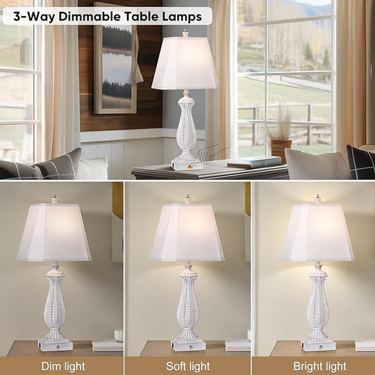 3-Way Dimmable Table Lamps for Bedrooms Set of 2, 30" H Touch Lamps for Living Room with with USB & Type-C Ports, White Mermaid Bedside Lamp for Nightstand, Resin Farmhouse Rustic Lamp with 2 Bulb