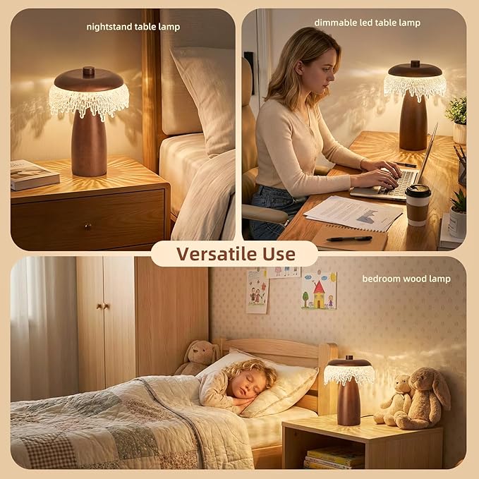 Wood LED Table Lamp,3 Color Temperature Table Lamps,12W Modern Table Lamp Plug-in Bedside Lamp for Bedroom,Nightstand,Living Room